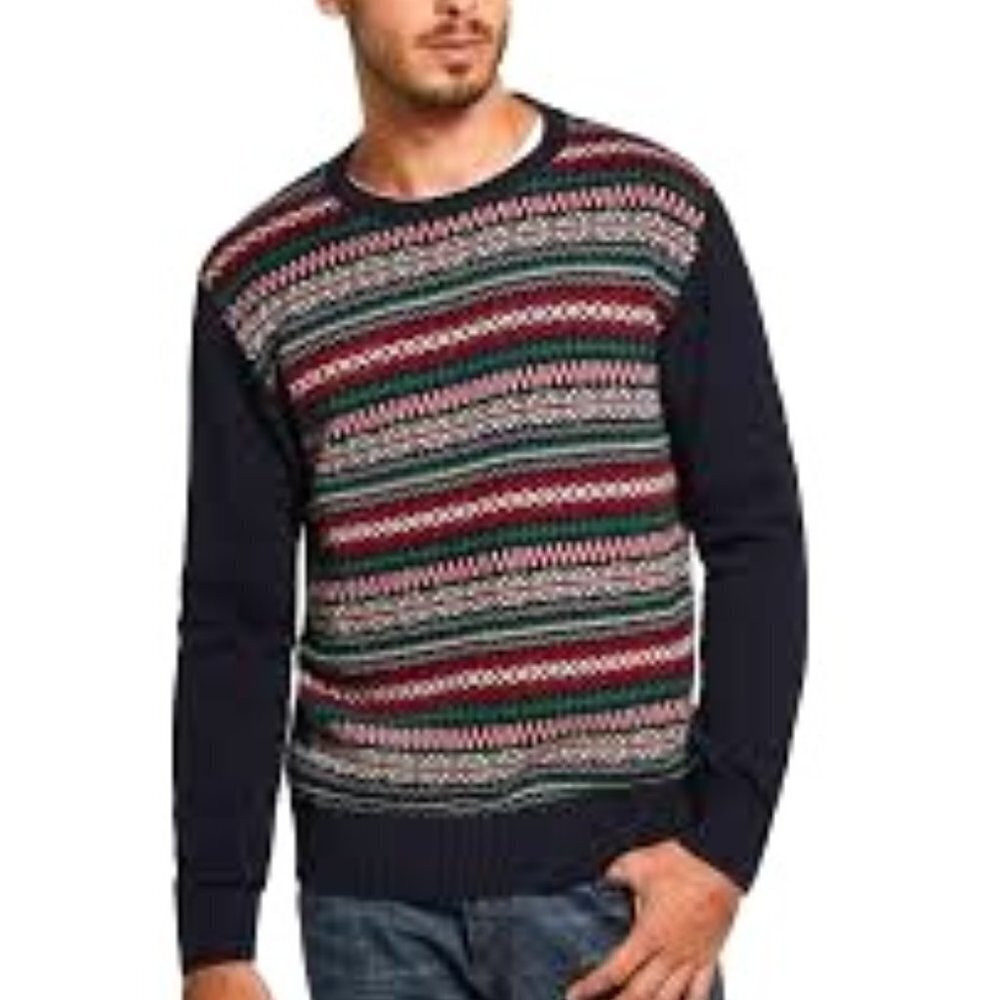 NWT Weatherproof Vintage Fair Isle Ribbed Trim Crewneck Sweater. Navy. Size XL